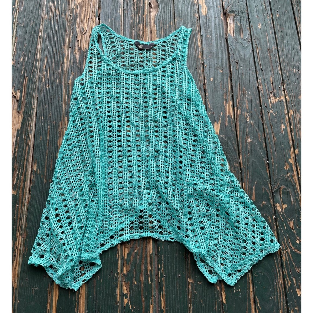 SJS Teal Open Knit Tank Top Sharkbite Hem Crochet Sleeveless Boho Made in USA M